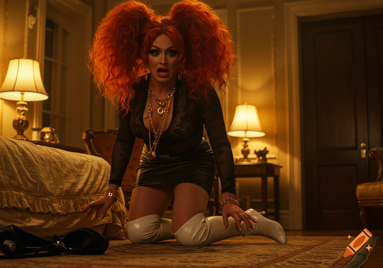 A drag queen with voluminous red pigtails, a sheer black top, and white thigh-high boots kneels in a dimly lit, lavish bedroom.