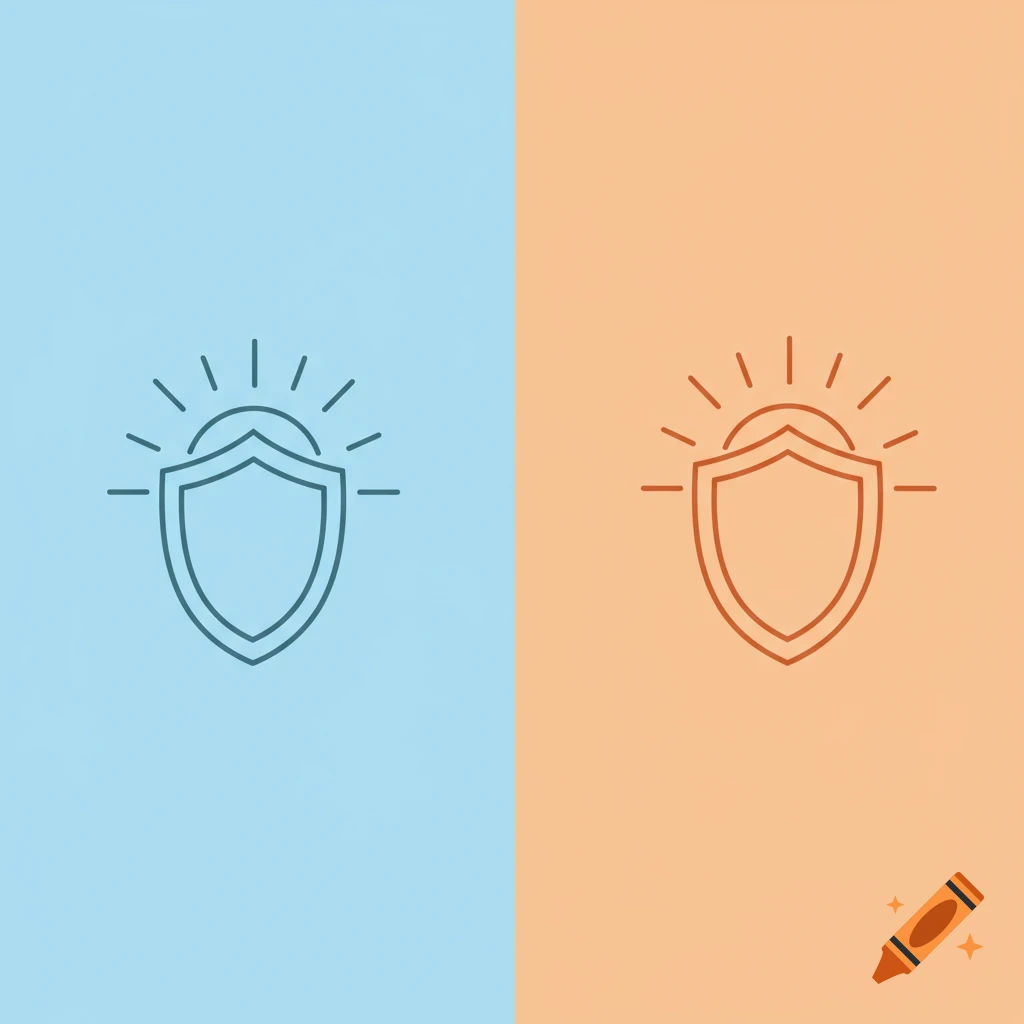 Two minimalist line art icons of a shield with a rising sun behind it, one on a sky blue background and one on an orange background.