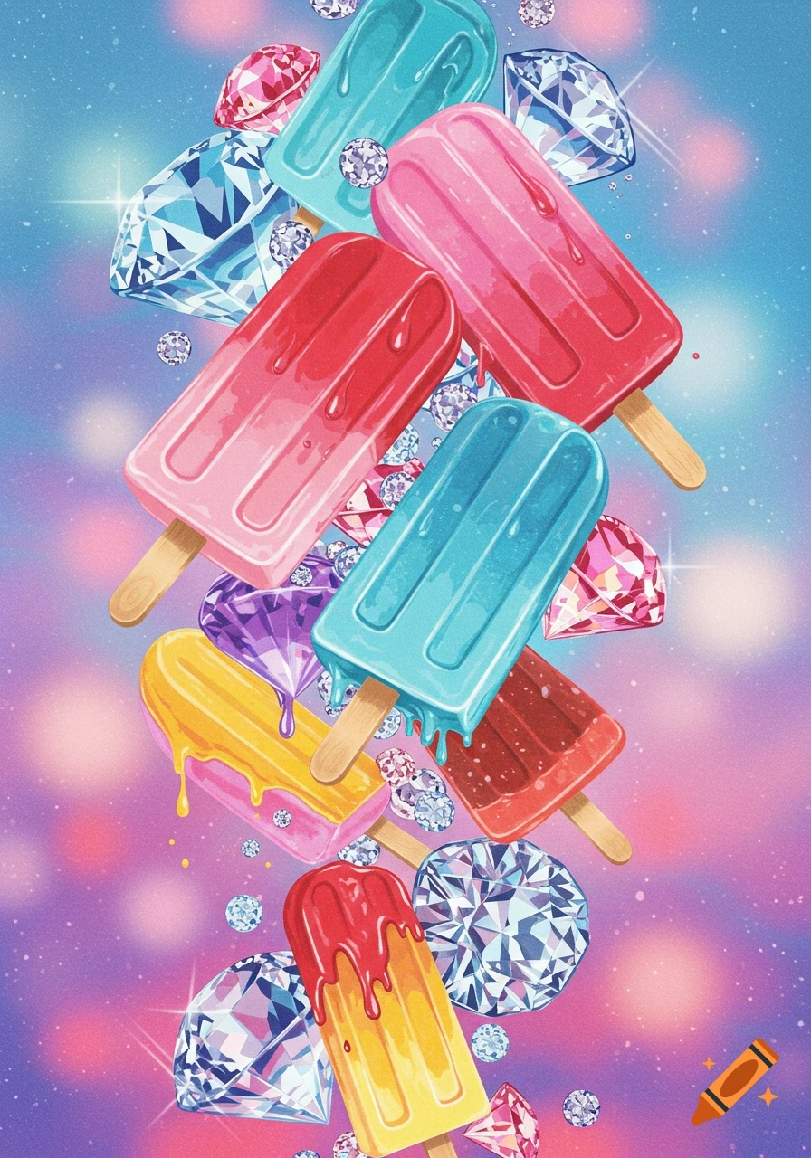 Colorful popsicles and sparkling diamonds floating against a bright pink and blue bokeh background.