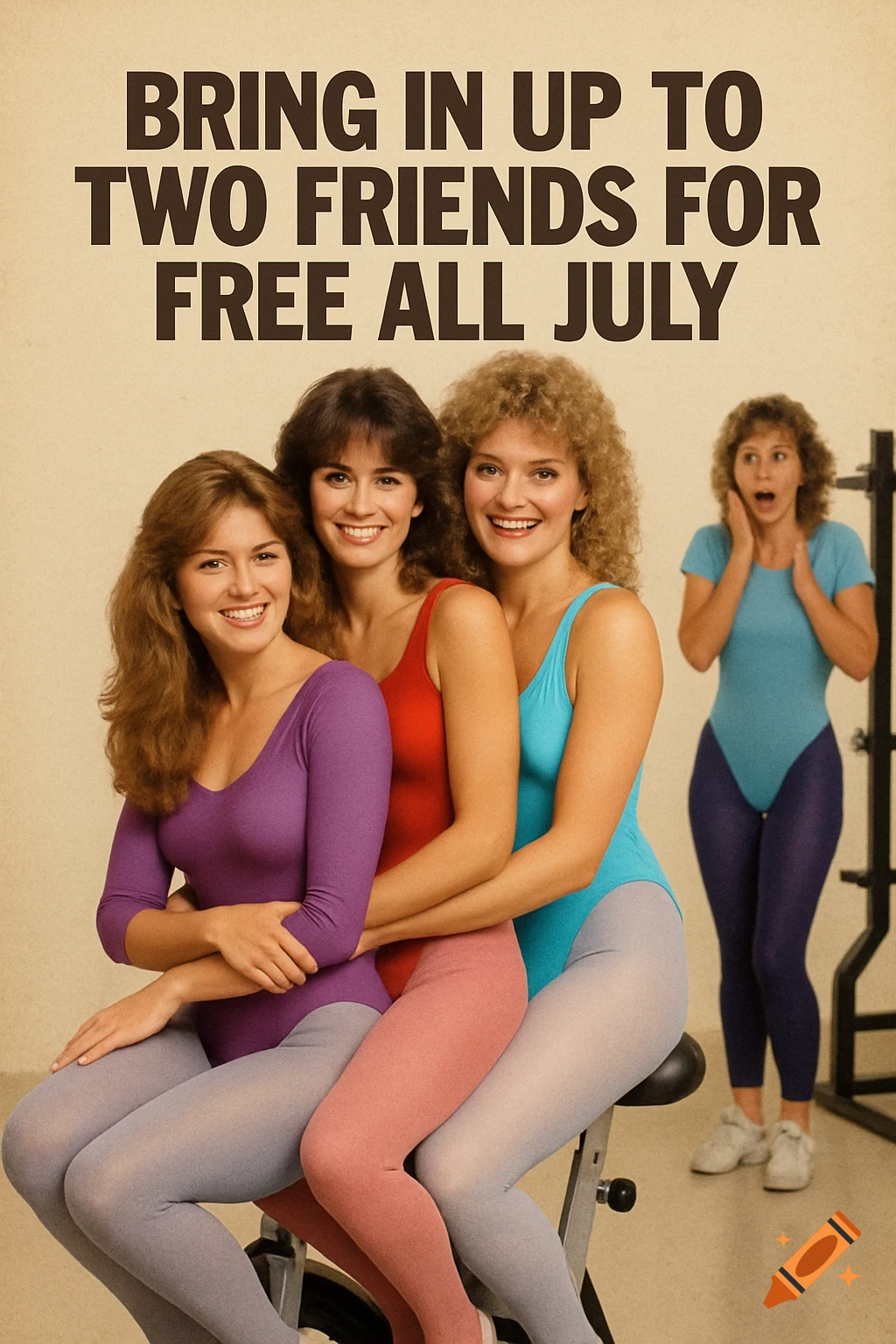 1980s gym ad with three smiling women in leotards, another surprised woman in background. Text: 'Bring in up to two friends for free all July'.