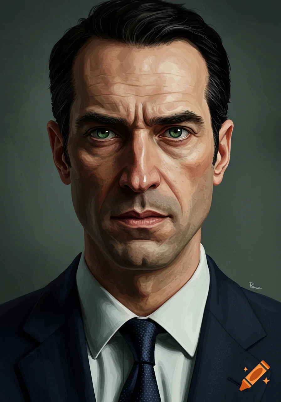 Close-up digital painting of a man with dark hair, green eyes, and a ...
