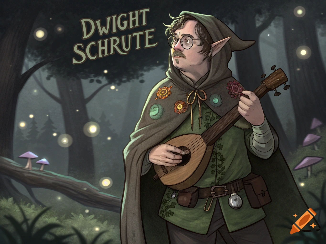 Dwight Schrute as an elven bard wearing a hooded cloak, holding a lute, in a magical forest illustration.