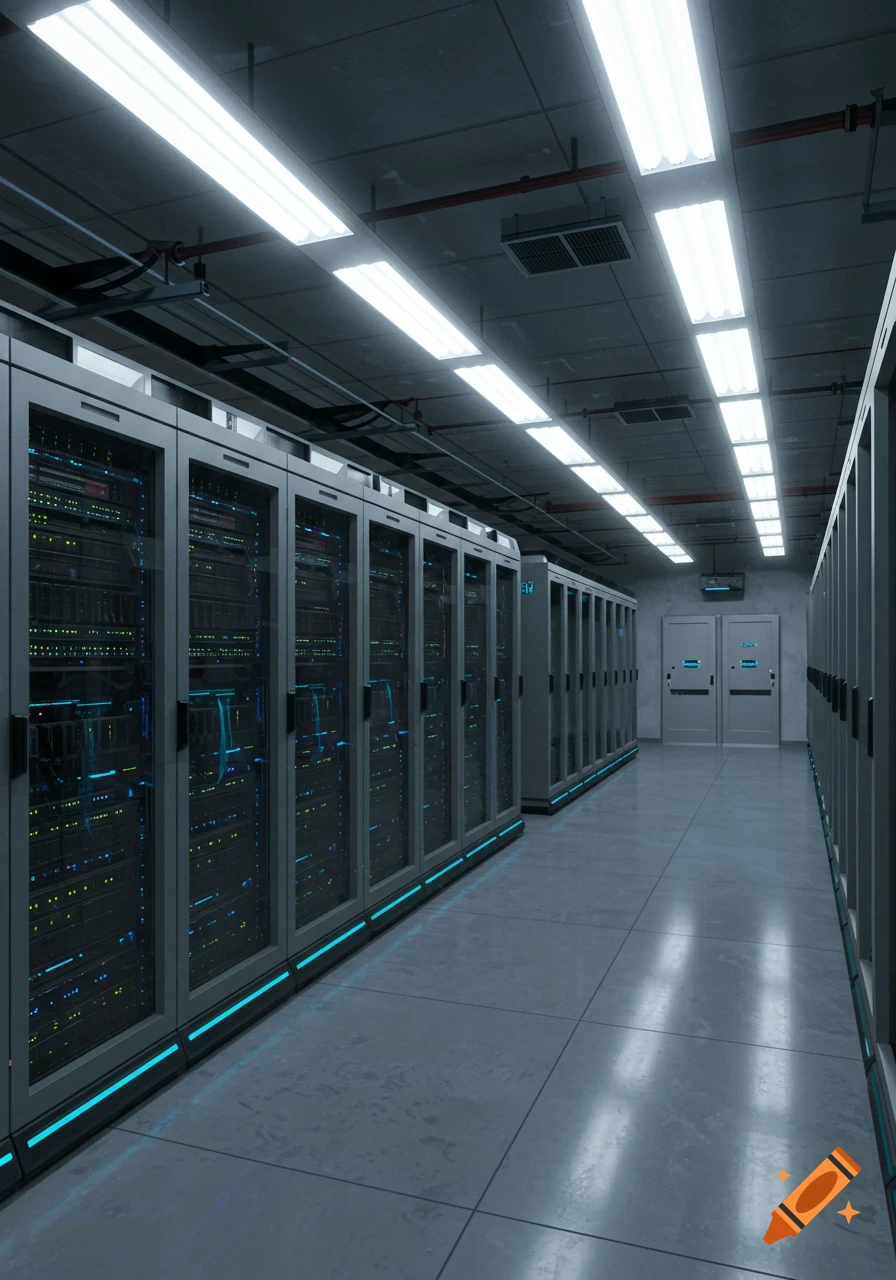 A long, well-lit hallway in a data center with rows of server racks displaying glowing blue and green lights.