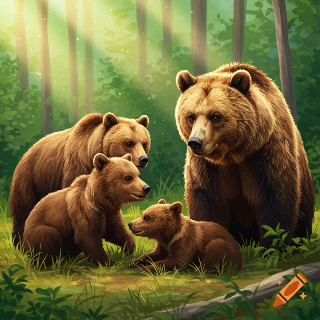 A mother bear with three cubs in a lush, sunlit forest. on Craiyon