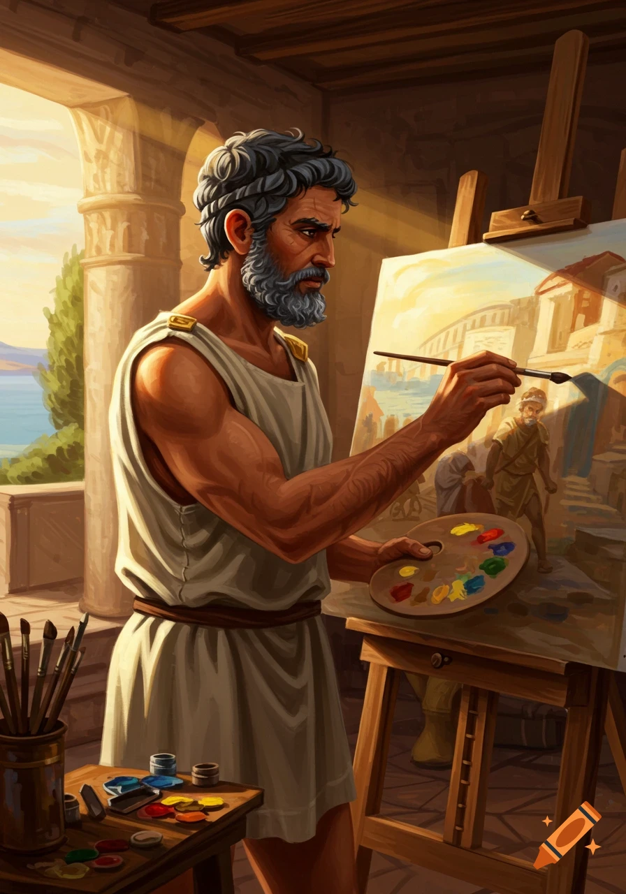 A bearded man in ancient Greek attire paints a landscape on an easel, holding a palette and brush.