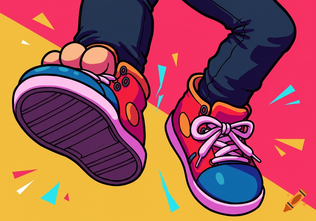 Vibrant cartoon illustration of two feet in colorful sneakers against a pink and yellow background.