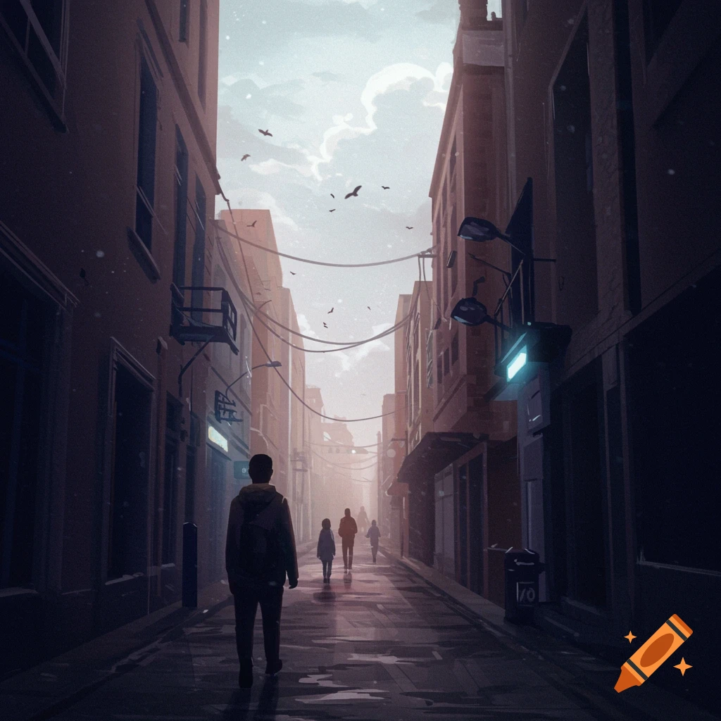 A stylized, dark illustration of a person walking down a narrow, wet city alley lined with tall buildings, with other blurred figures in the distance.
