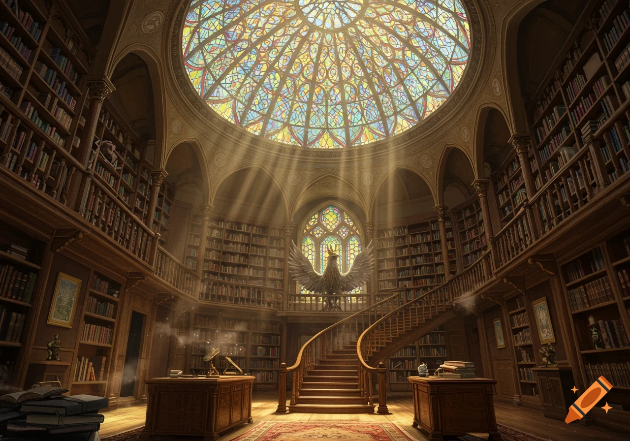 A grand, ornate library with towering bookshelves, a large stained glass dome, and a phoenix statue at the center.