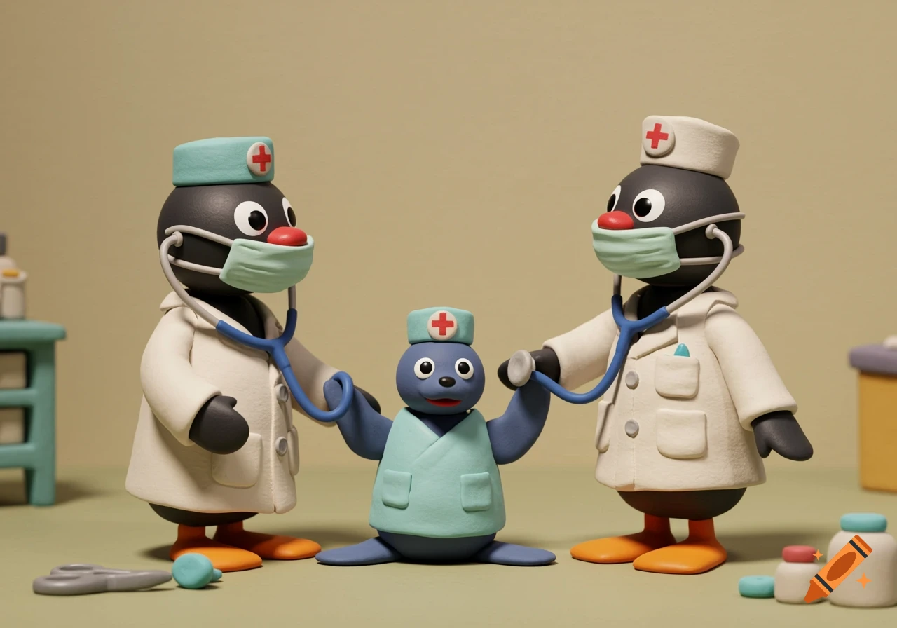 Two claymation penguins in doctor coats with stethoscopes examine a claymation seal in a teal scrubs top and hat.