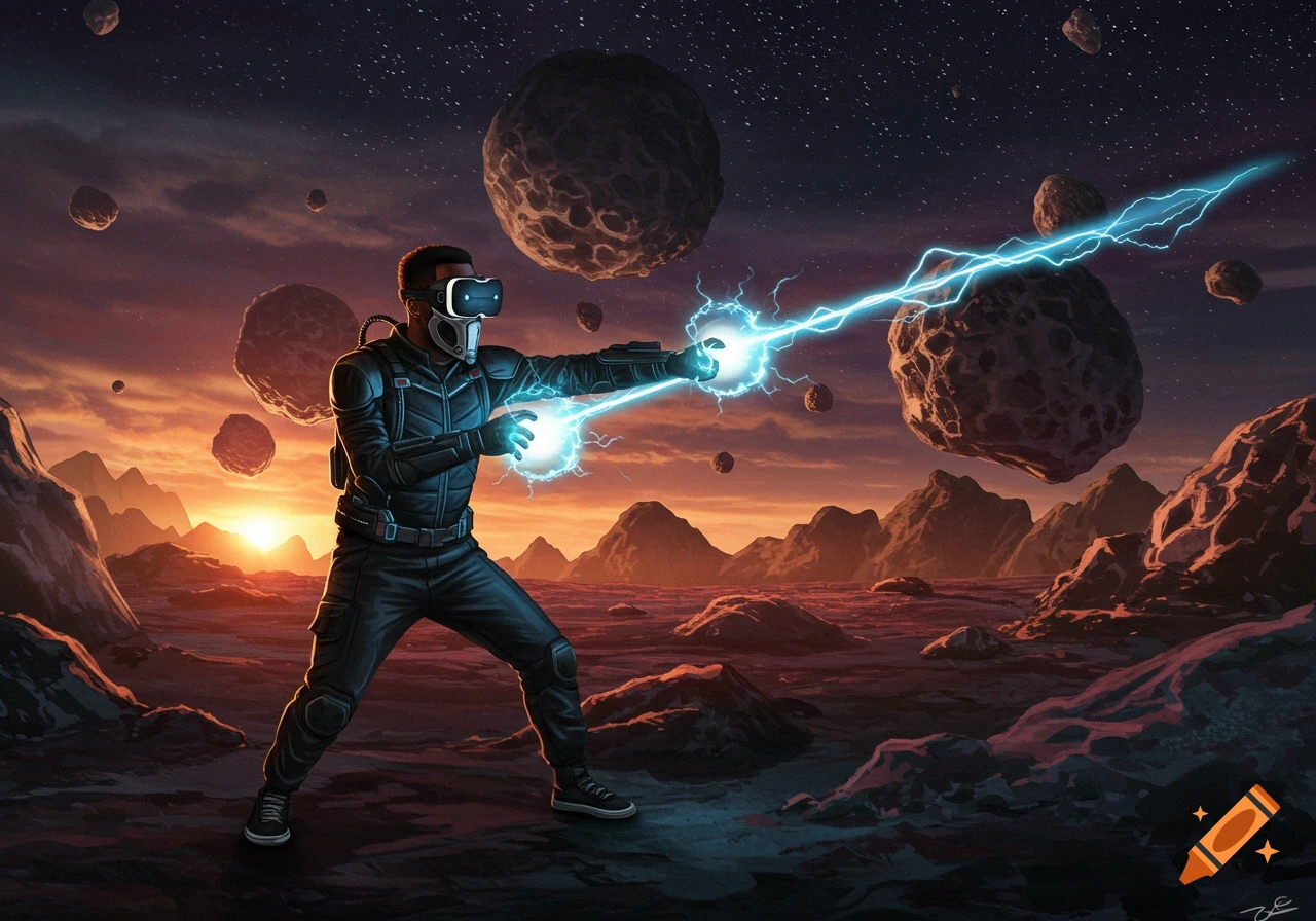 A black man wearing a VR headset and black suit, firing blue energy bolts in a rocky alien landscape with floating meteorites under a sunset sky.