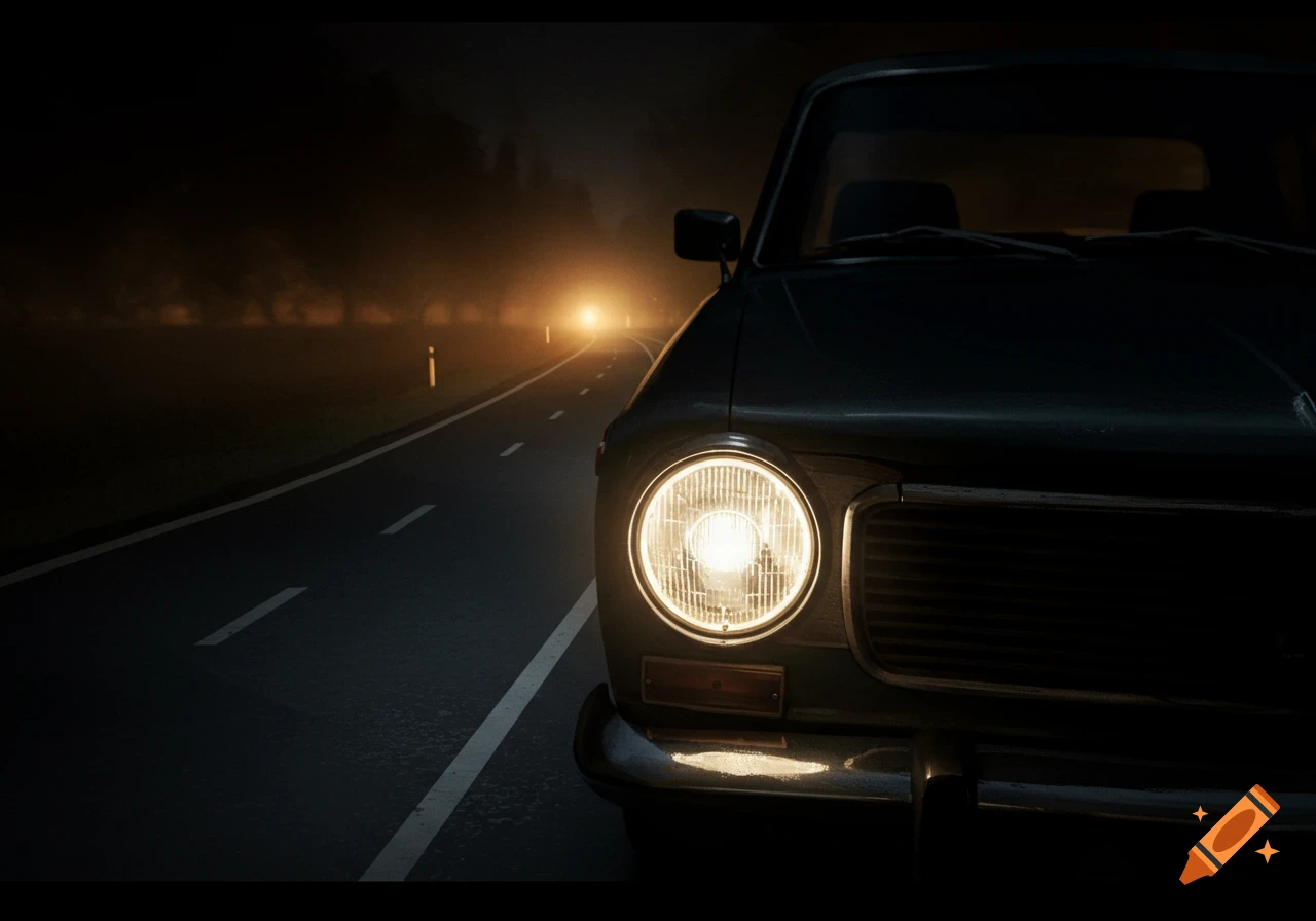 A close-up of an old car's headlight illuminating a foggy road at night, with distant headlights on the horizon.