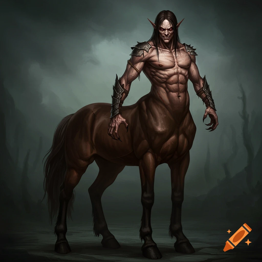A sinister, muscular centaur with long dark hair, pointy ears, and sharp claws stands in a dark, misty environment.
