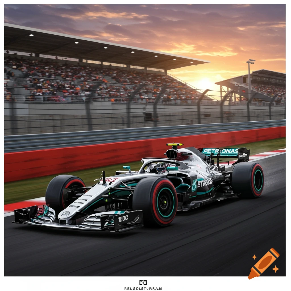 A photorealistic F1 car speeds on a racetrack at sunset, with grandstands full of spectators in the background.