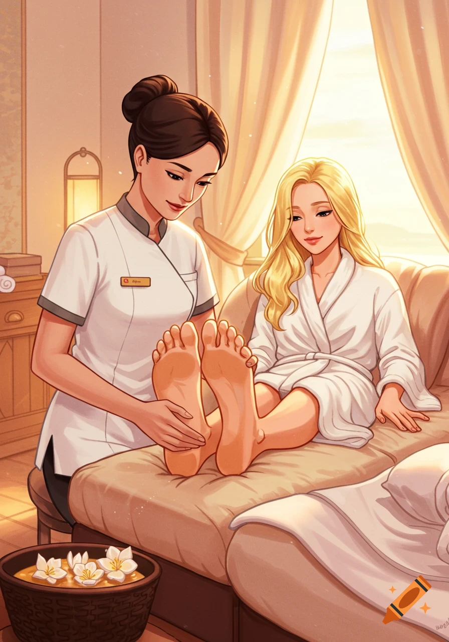 Illustrated image of a blonde woman in a white robe getting a foot massage from a spa therapist in a warm, bright room.