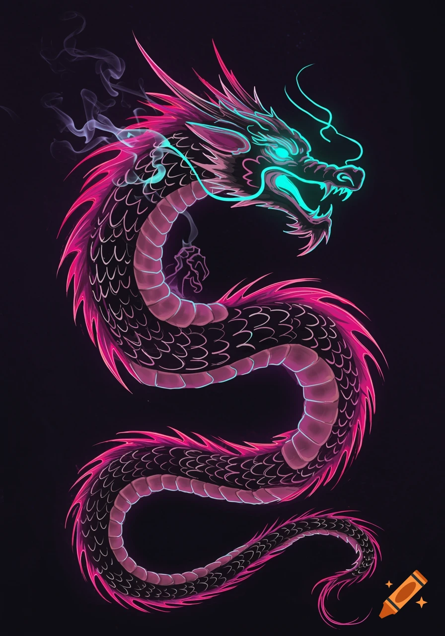 A stylized coiling dragon illustration with glowing pink and teal neon outlines on a dark background and wisps of smoke.