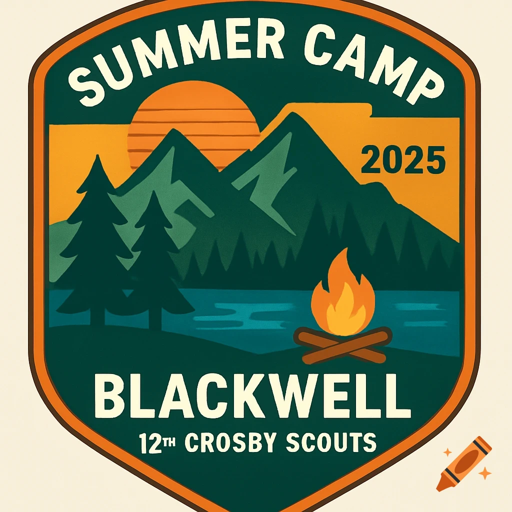 An illustrated summer camp badge for Blackwell 12th Crosby Scouts, with text 'Summer Camp 2025', mountains, trees, a lake, and a campfire.