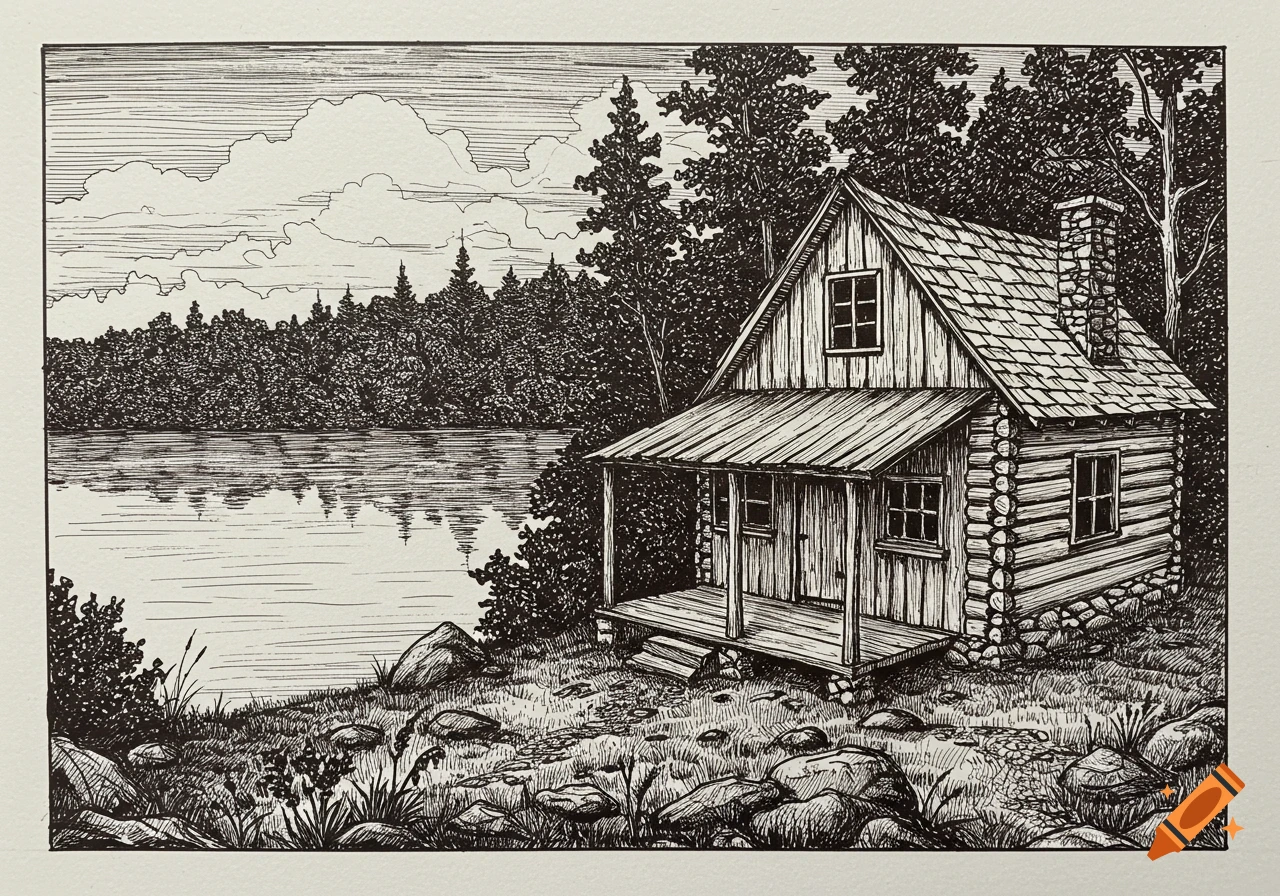 An intricate black and white ink drawing depicts a rustic log cabin by a calm lake, surrounded by a dense forest under a cloudy sky.