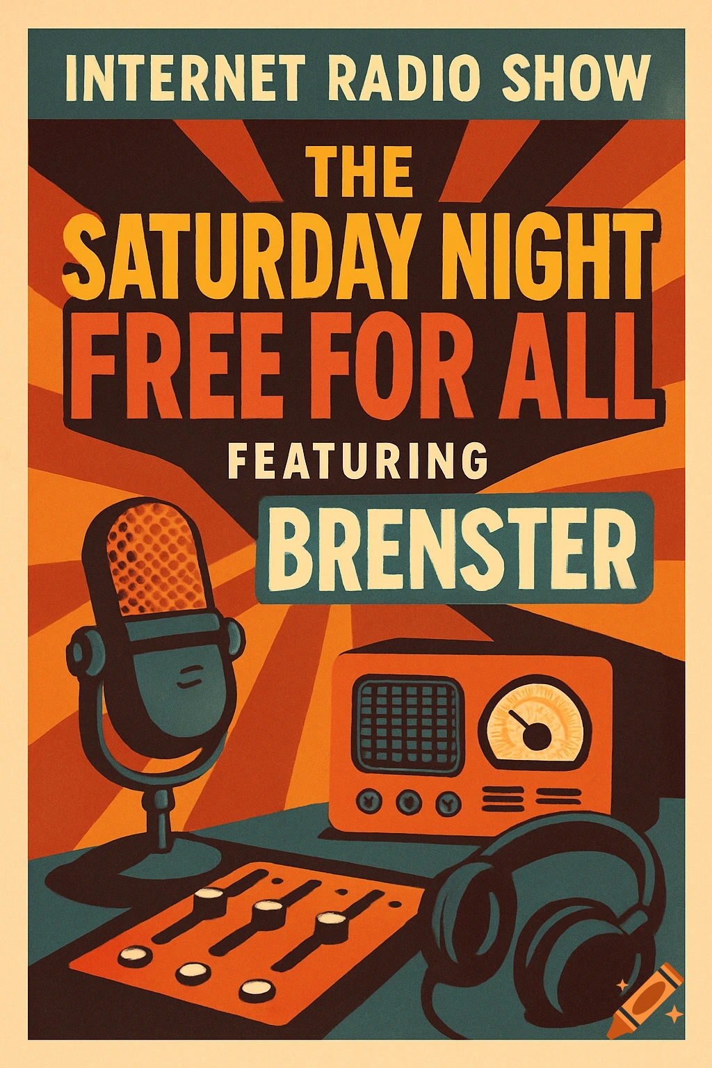 A retro-style poster for an internet radio show featuring a microphone, radio, headphones, and a sound mixer.