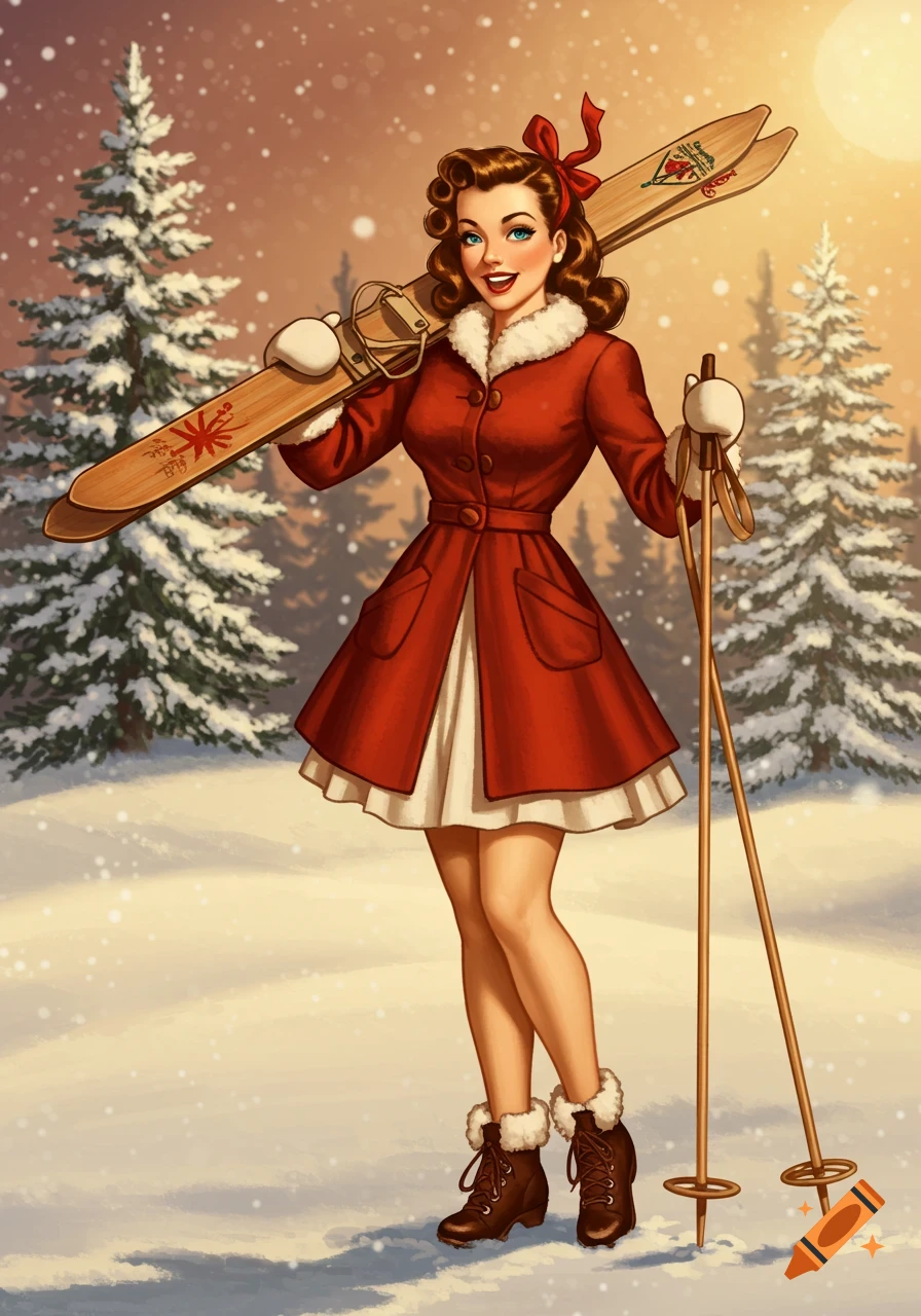 A smiling vintage pin-up woman in a red winter coat and brown boots holds skis and poles in a snowy landscape.