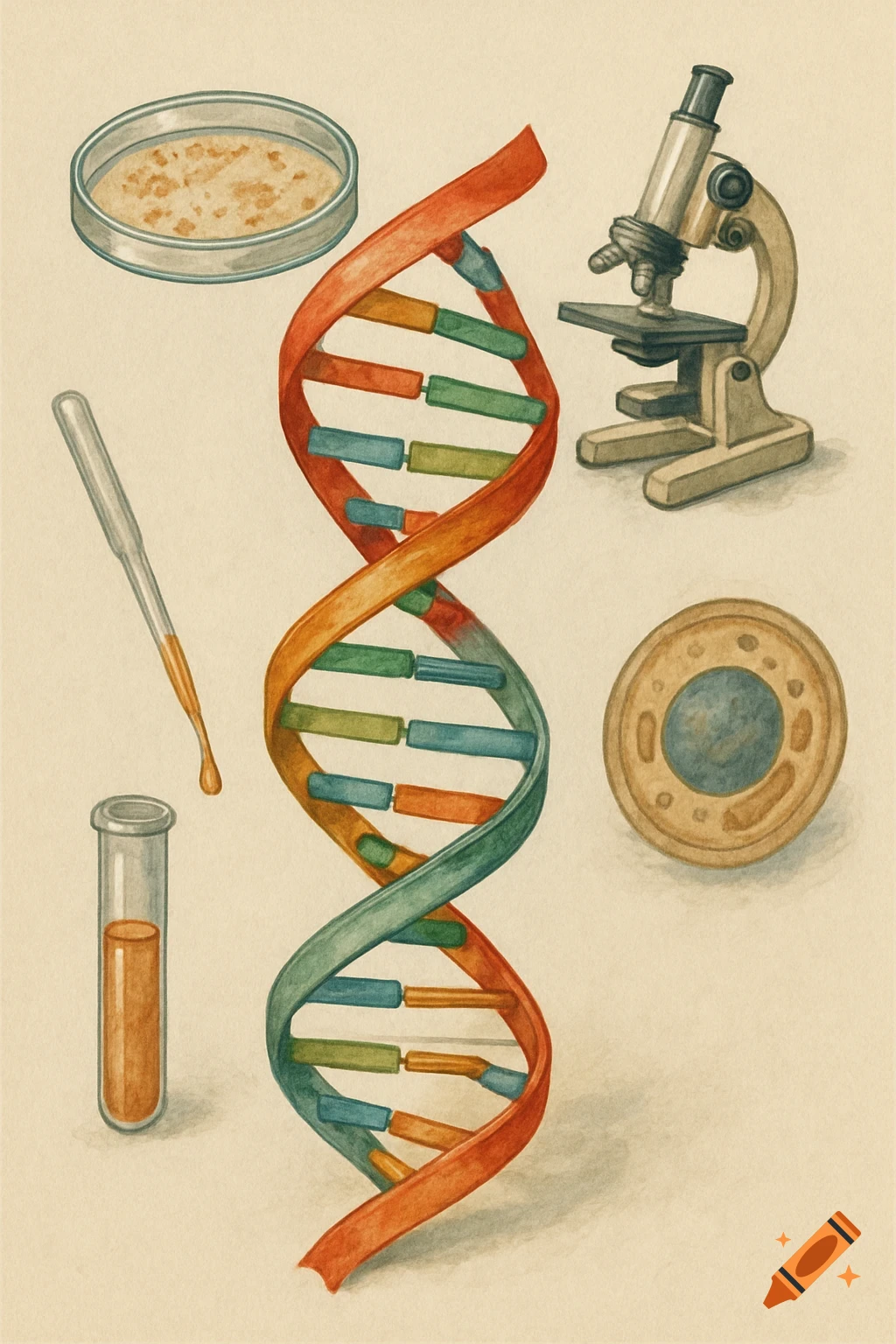 A watercolor style scientific illustration featuring a DNA helix, microscope, petri dish, pipette, test tube, and cell.