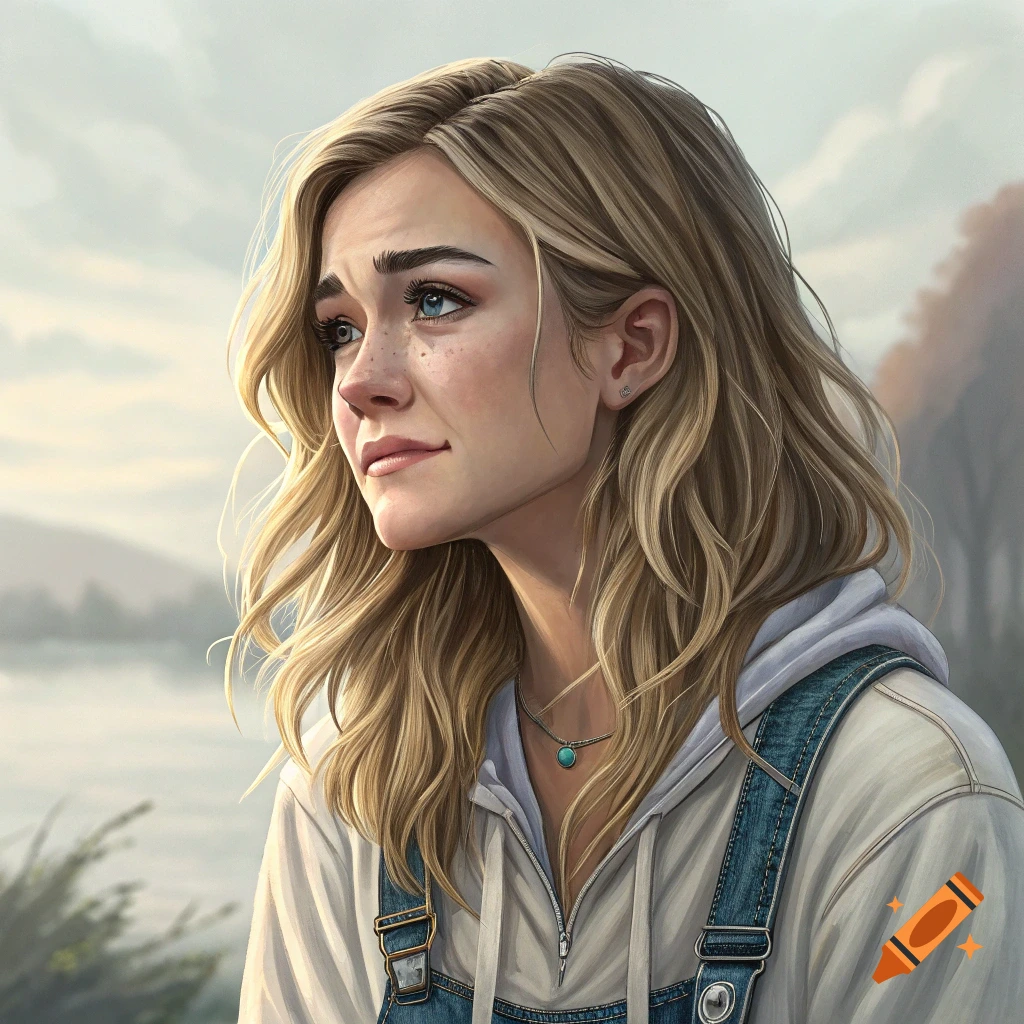 Photorealistic portrait of a young blonde woman in denim overalls and a hoodie looking wistfully outdoors.