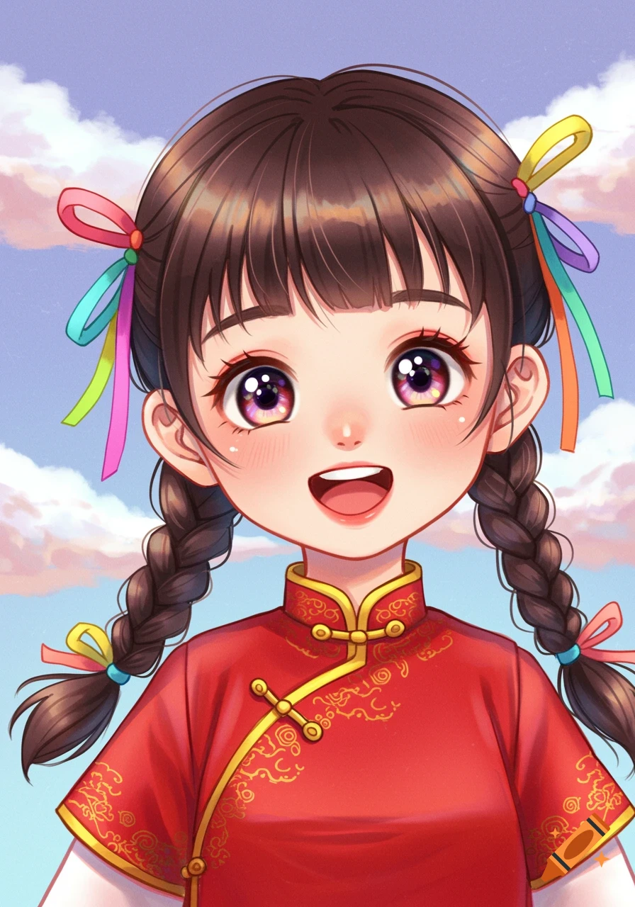 A cute anime-style Chinese girl with braided pigtails and colorful ribbons, wearing a red traditional dress, smiling against a sky background.