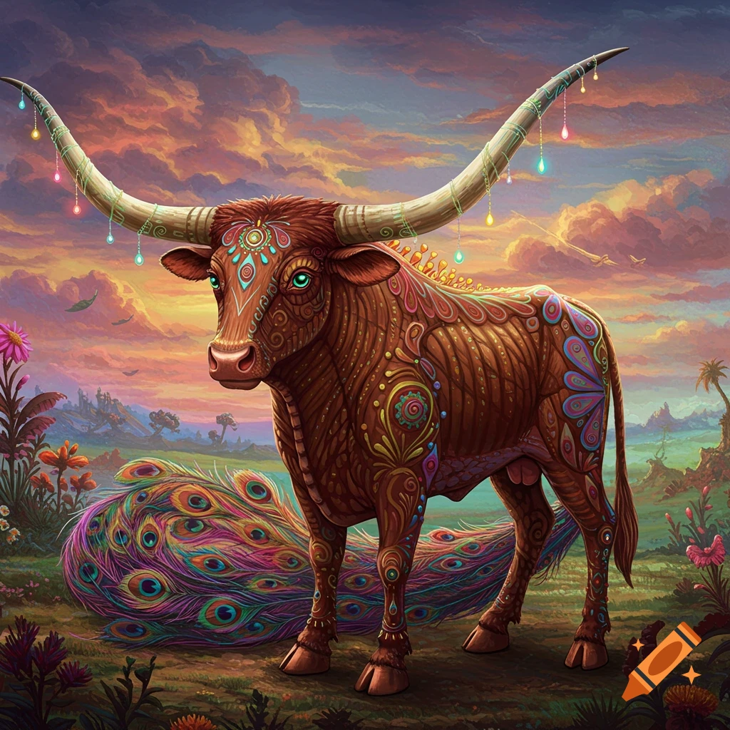 Colorful alebrije longhorn cattle with intricate patterns, glowing horns, and a peacock tail in a vibrant fantasy landscape at sunset.
