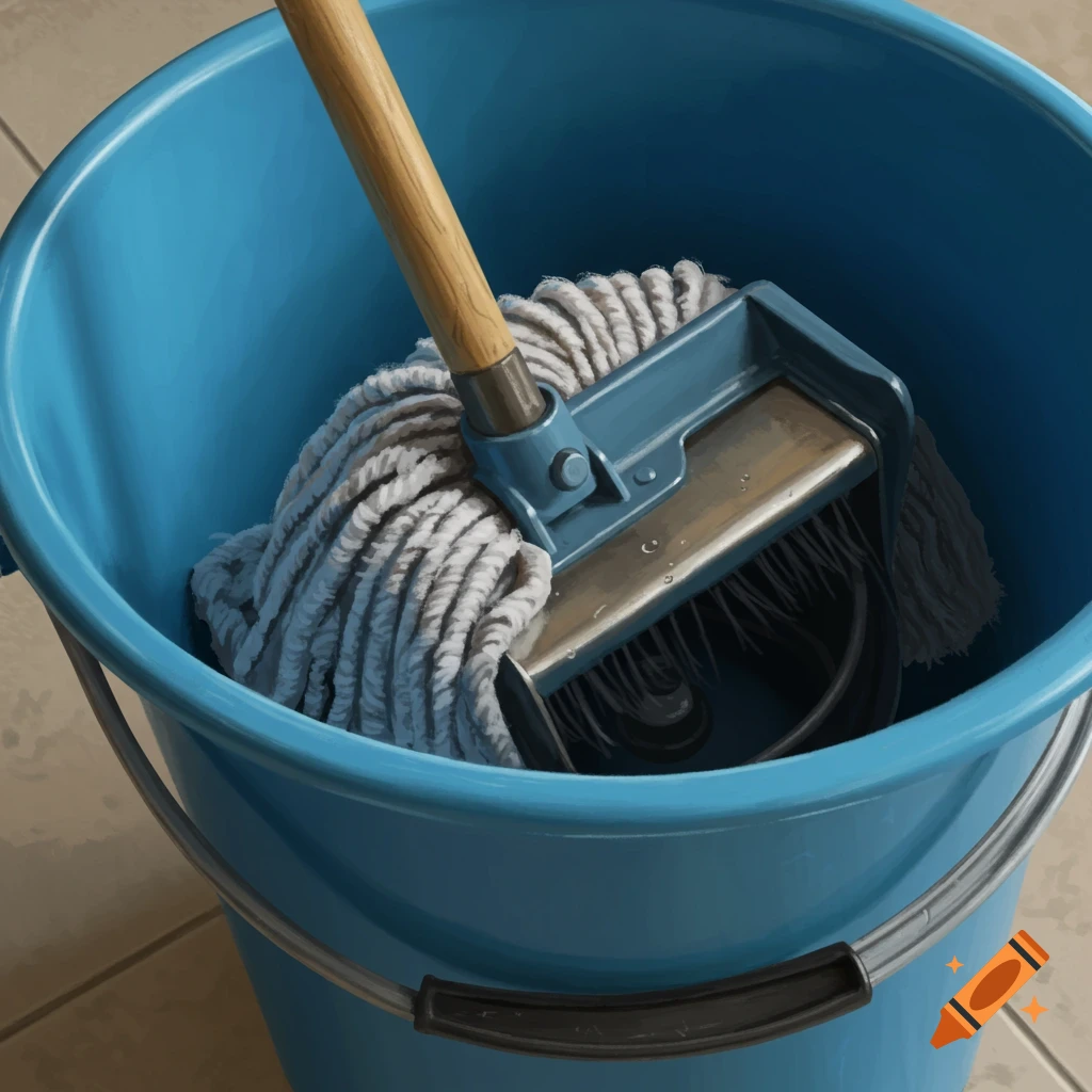 A blue mop bucket with a wooden-handled mop inside its wringer, depicted in a digital art style.