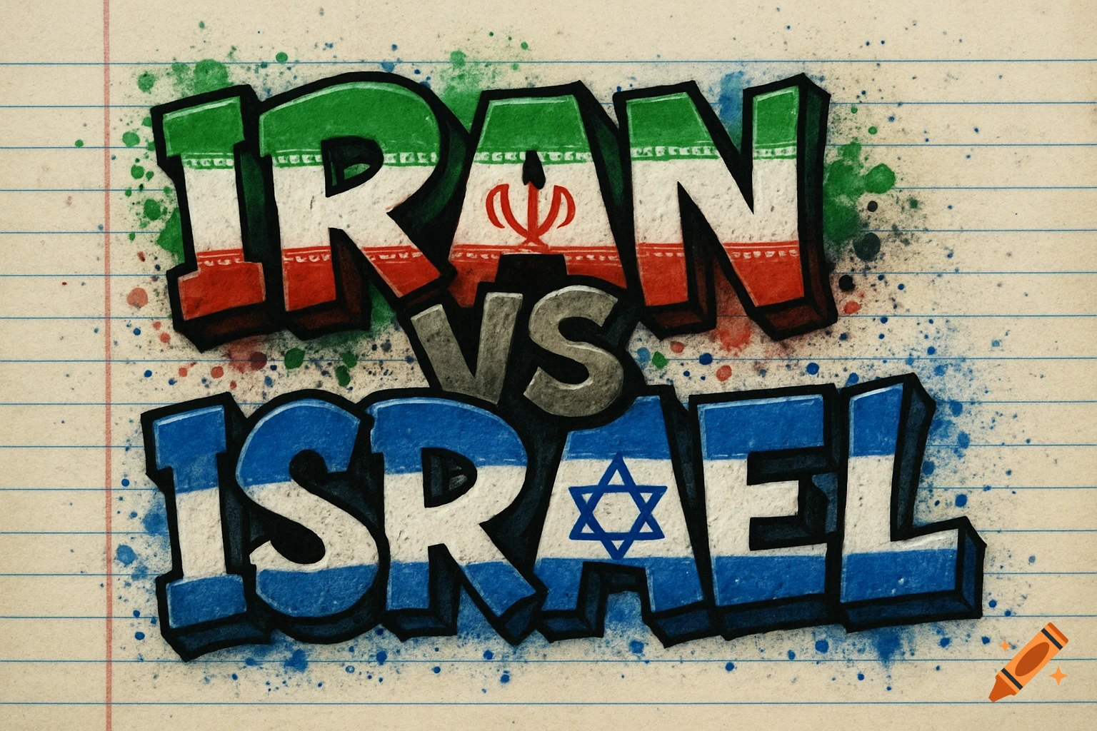 Graffiti words "IRAN vs ISRAEL" on notebook paper, with text colored like the Iranian and Israeli flags, surrounded by paint splatters.