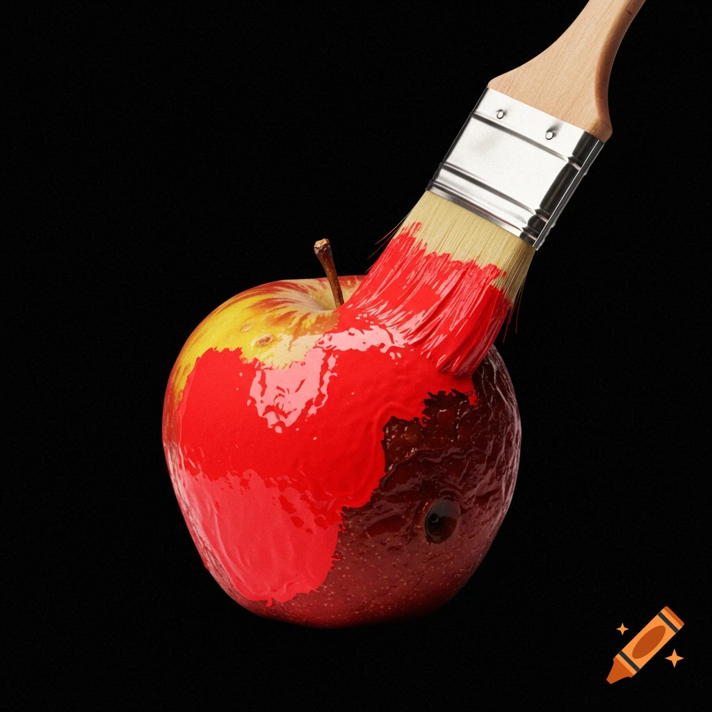 A paintbrush applies bright red paint to an old, partially rotten apple on a black background.