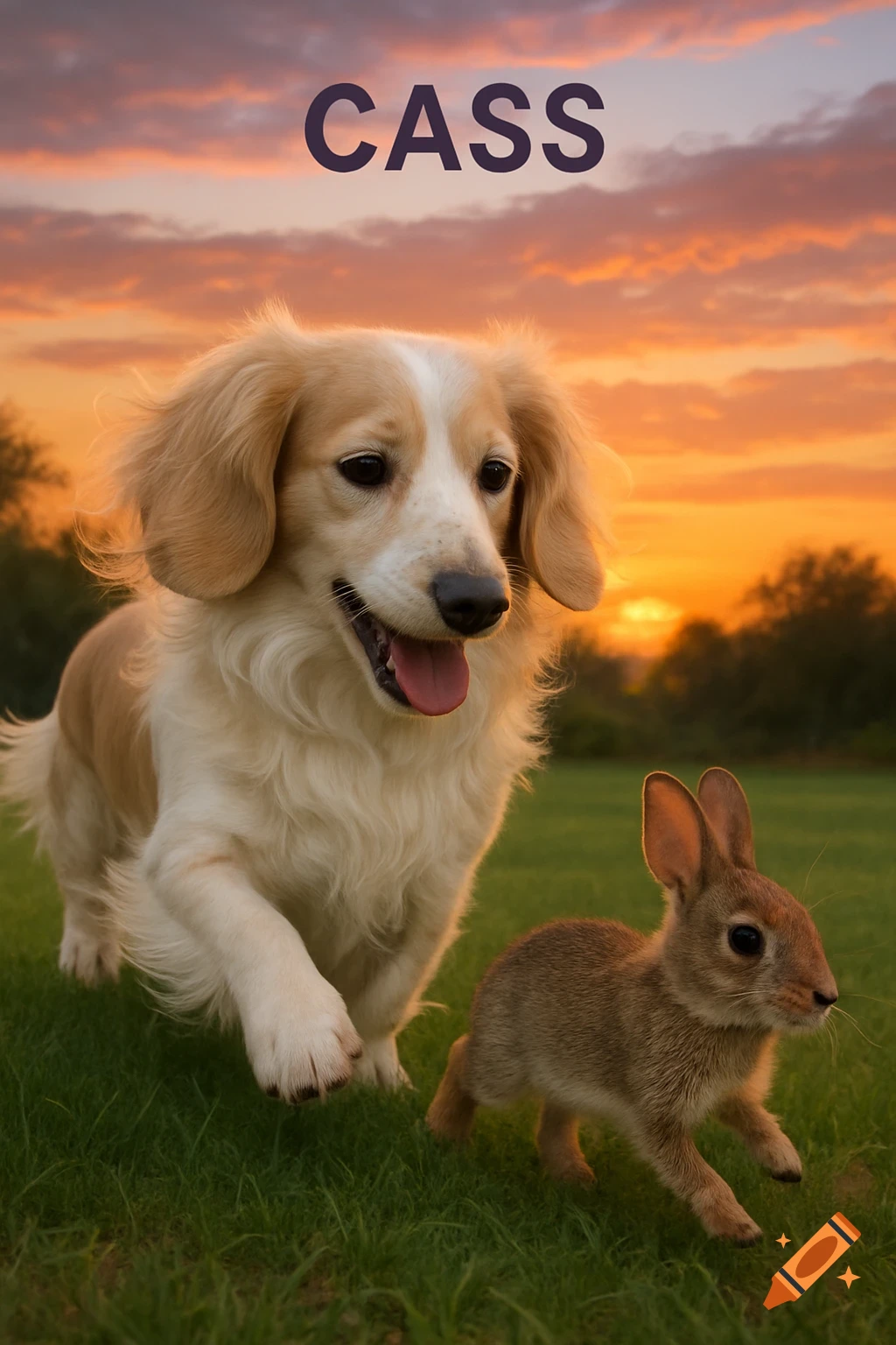 Photorealistic image of a long-haired dog and a small rabbit running on ...