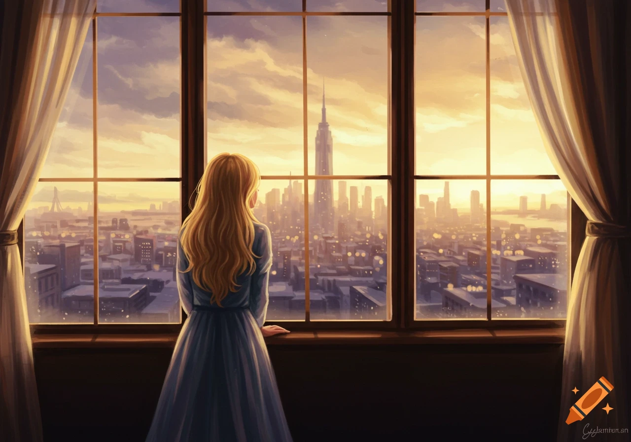 A blonde woman in a long blue dress stands with her back to the viewer, looking out a large window at a city skyline during sunset. Digital painting style.