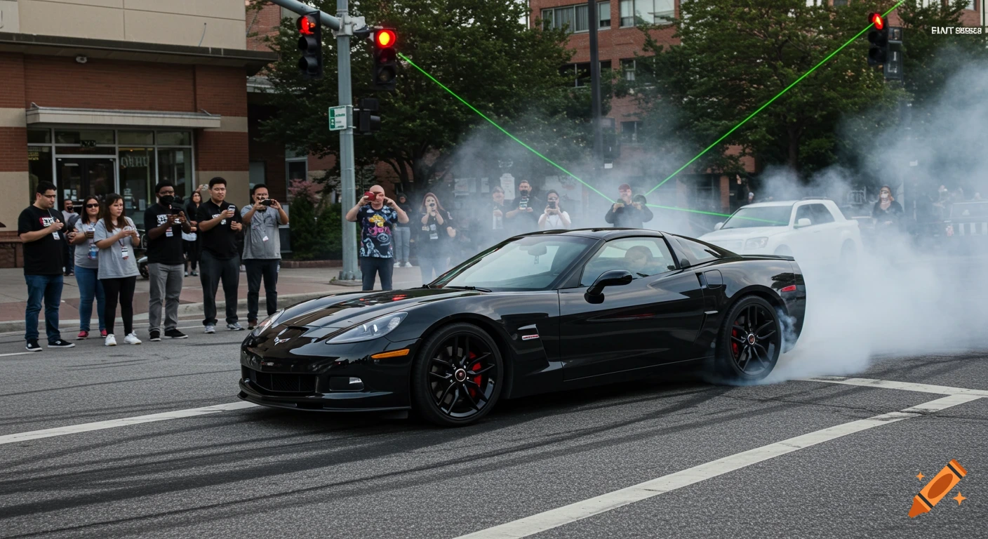 A black C6 Corvette performs a burnout, filling the street with smoke, while a crowd of spectators films and points green lasers.