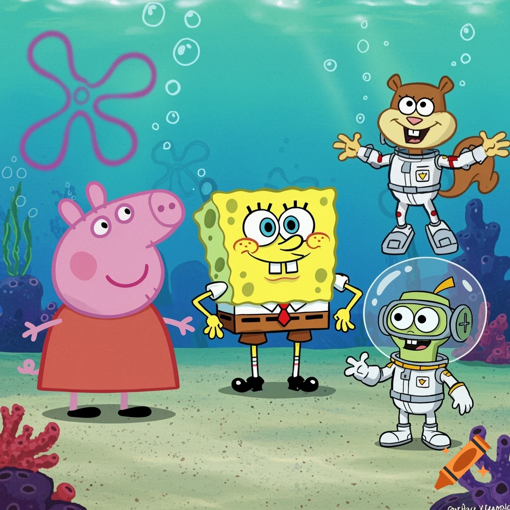 Peppa Pig, Spongebob, Sandy Cheeks, and an alien character in a diving helmet stand on the ocean floor.