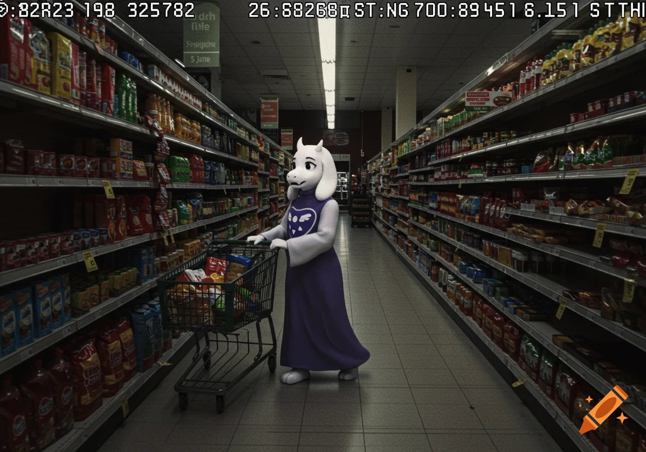 Photorealistic image of Toriel from Undertale pushing a shopping cart full of groceries down an aisle in a dimly lit supermarket, viewed as security camera footage.