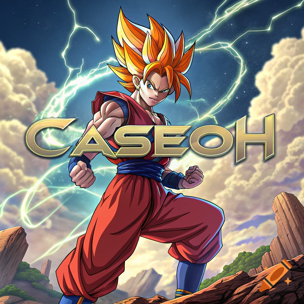 A Dragon Ball Z style character with orange spiky hair stands in a rocky landscape with lightning, foregrounding text "CASEOH".