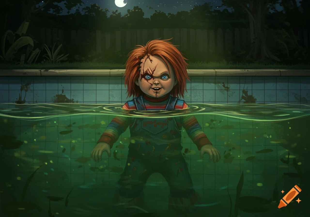 An eerie illustration of the Chucky doll emerging from murky green pool water under a full moon.
