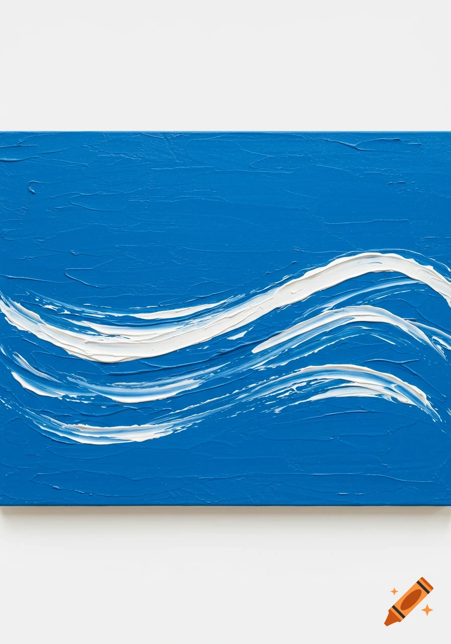 An abstract painting featuring a textured blue background with thick, white impasto-style waves.