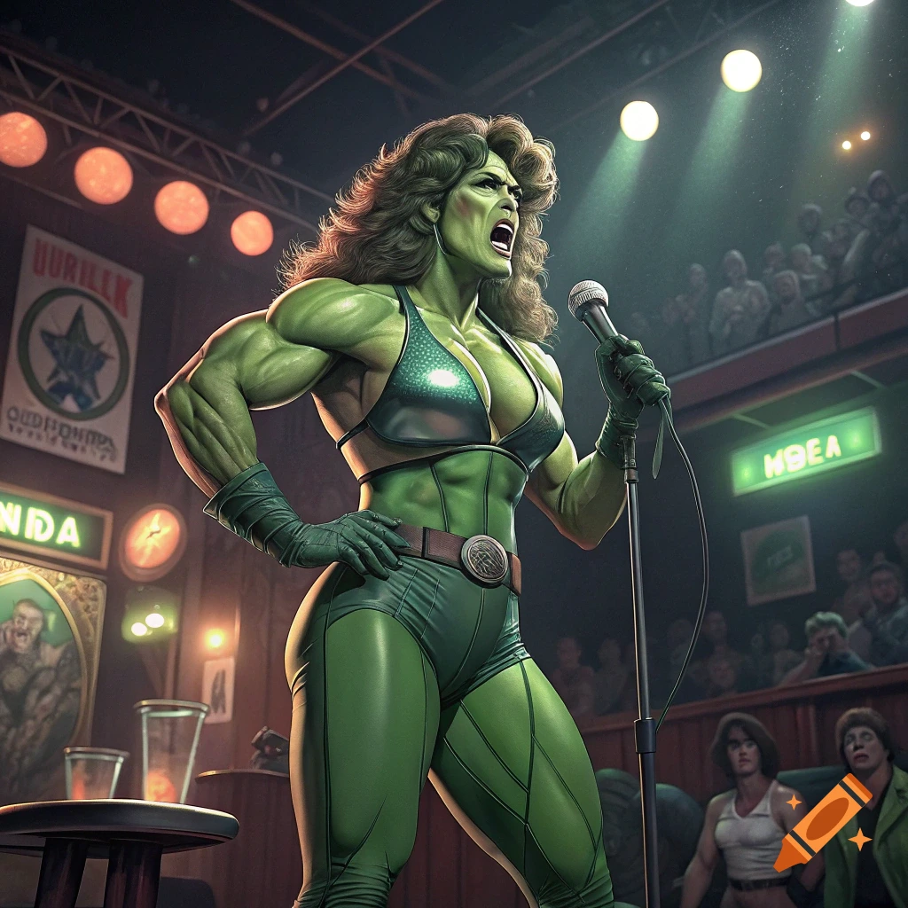 A muscular green woman with big hair, dressed in a green top and pants, sings into a microphone on a stage in front of an audience, in a 1980s style.