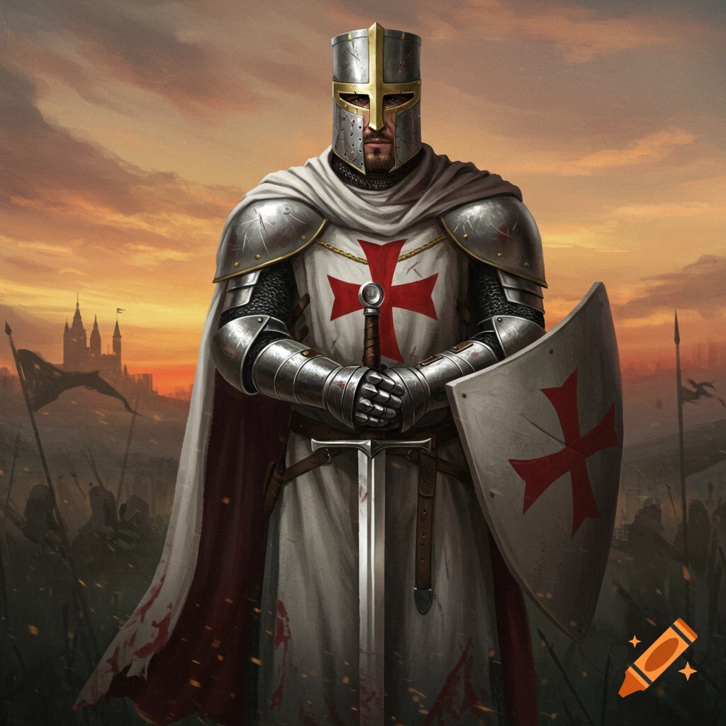 A stoic Templar Knight in full armor stands with a drawn sword and shield against a dramatic sunset and castle backdrop.
