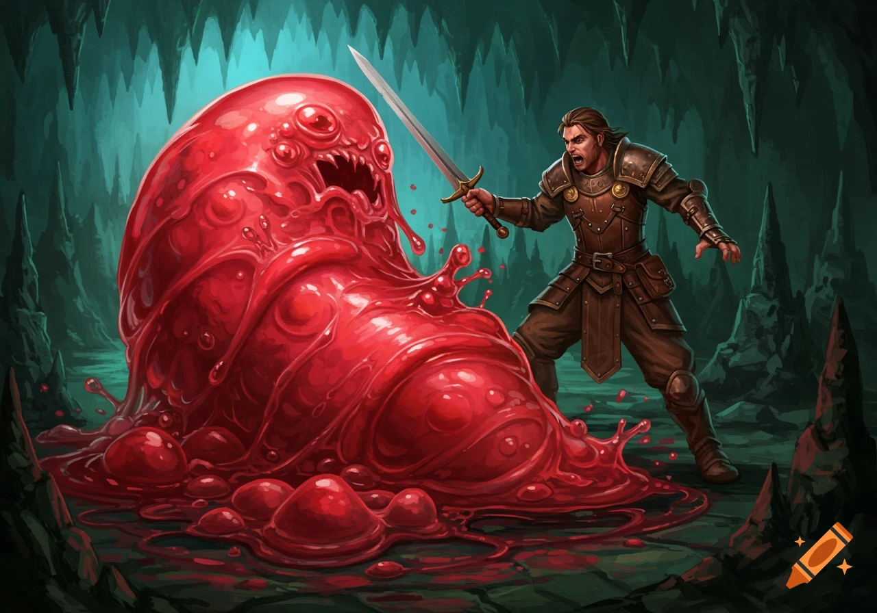 A human warrior in brown armor fights a large, red, slimy monster with a sword in a dark cave.