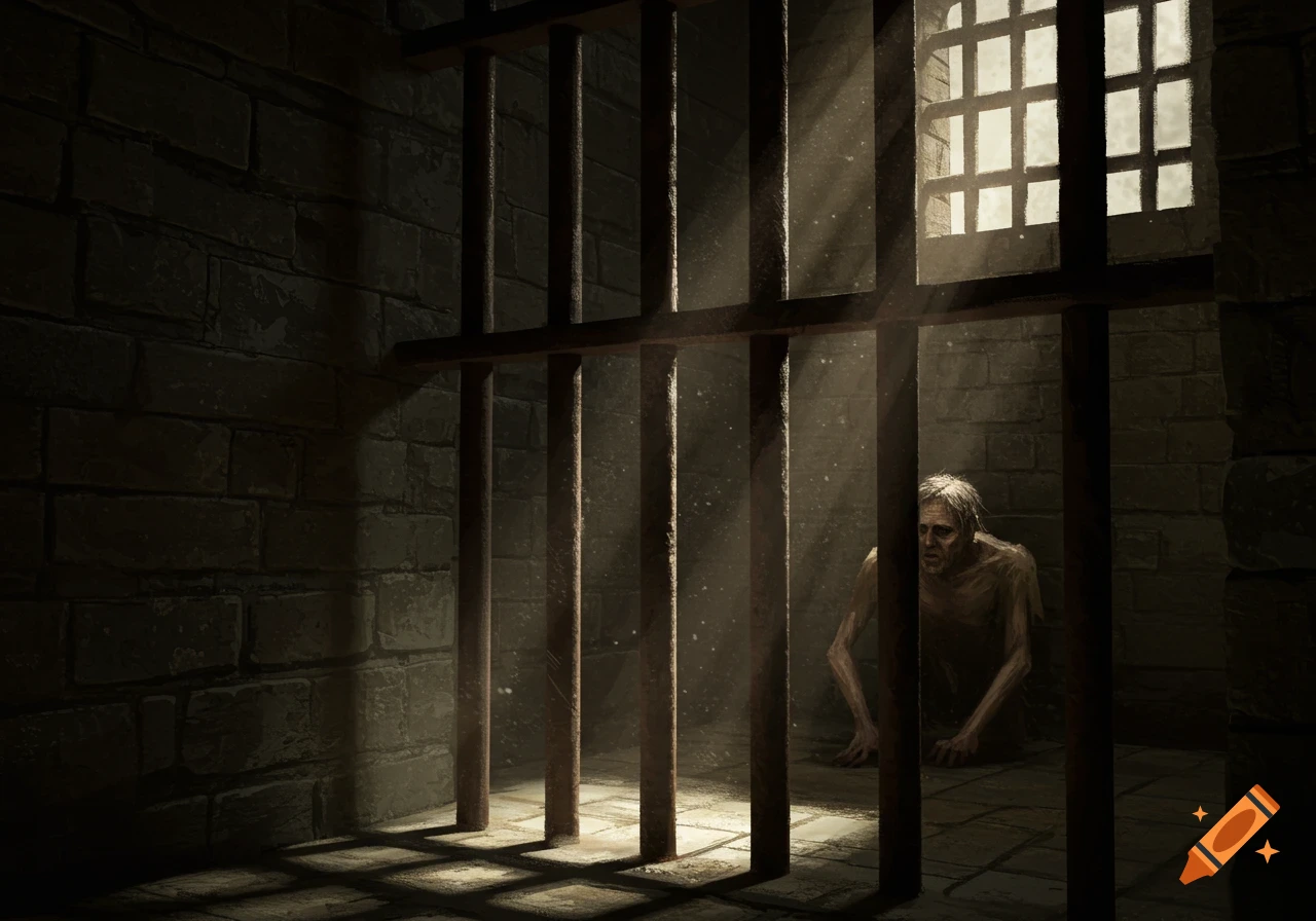 A gaunt figure sits in a dark medieval dungeon cell, light streaming through a barred window, prison bars in the foreground.