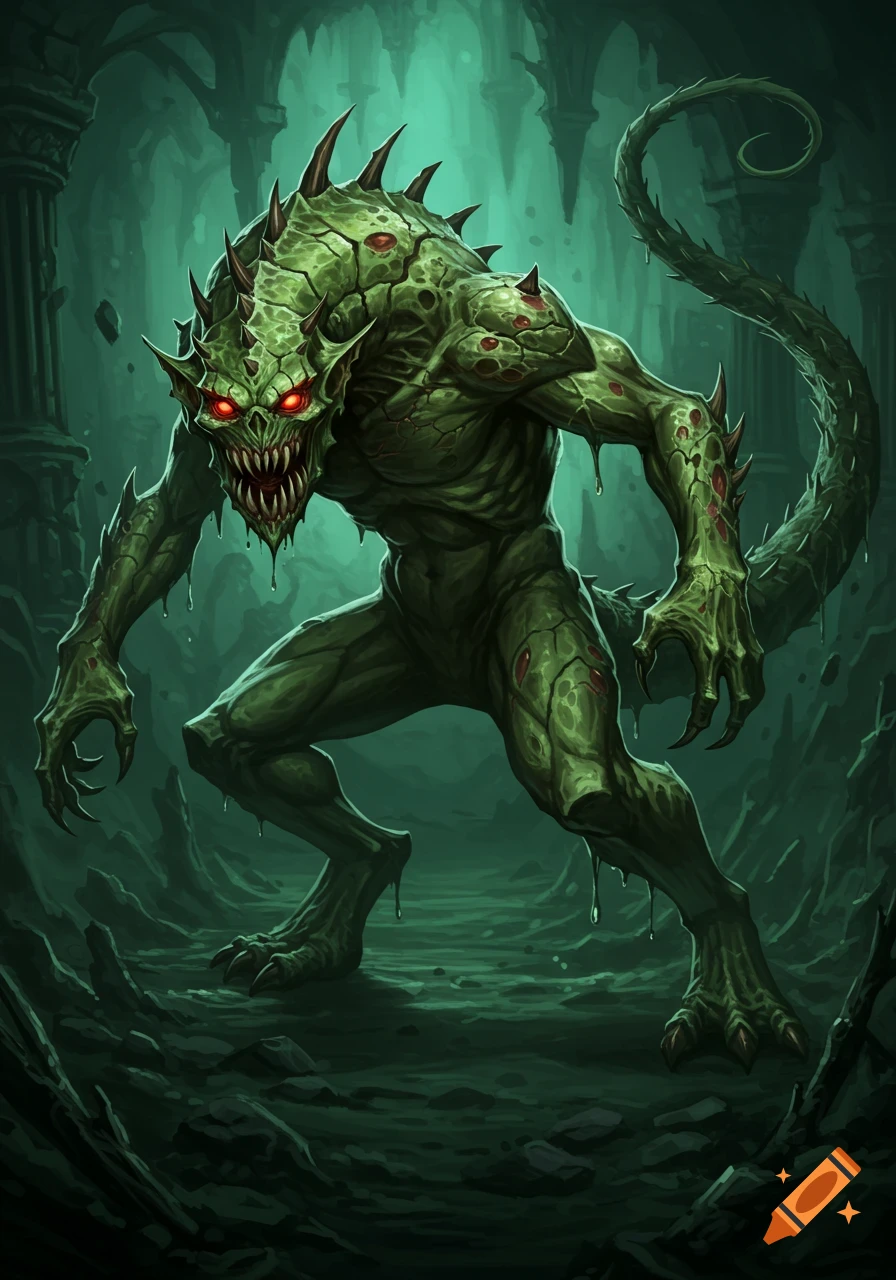 A menacing green monster with red eyes, sharp teeth, cracked skin, and a spiky tail, standing in a dark, eerie cave.