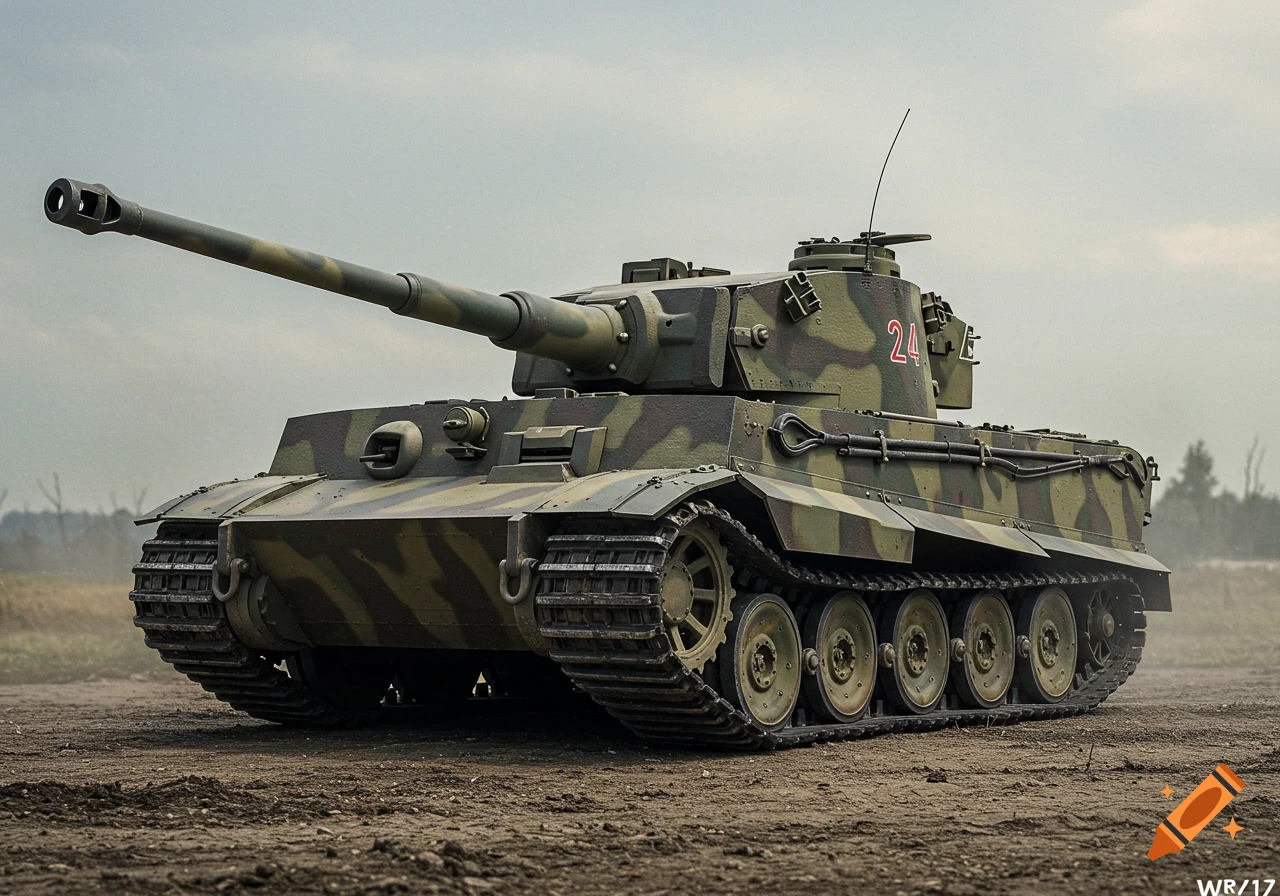 A photorealistic King Tiger tank with camouflage paint and red numbers '24' on its turret, parked on a dirt road under a cloudy sky.