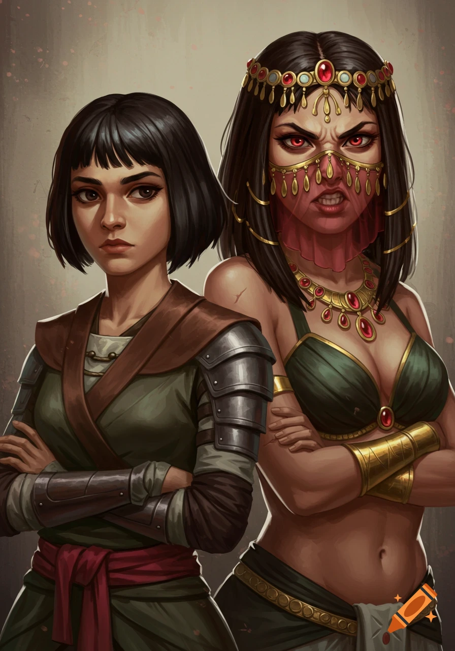 Digital painting of two Egyptian women; one in mercenary armor with a sober look, the other in a belly dancer outfit with a veiled face and angry expression.