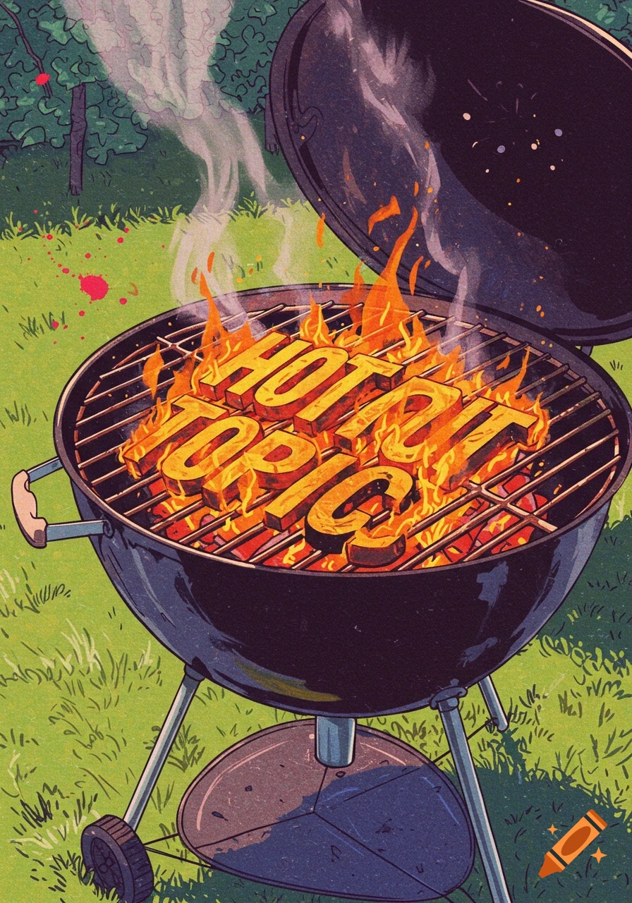 Stylized illustration of a barbecue grill with 'HOT TOPIC' in flames on the grates, set outdoors on grass.
