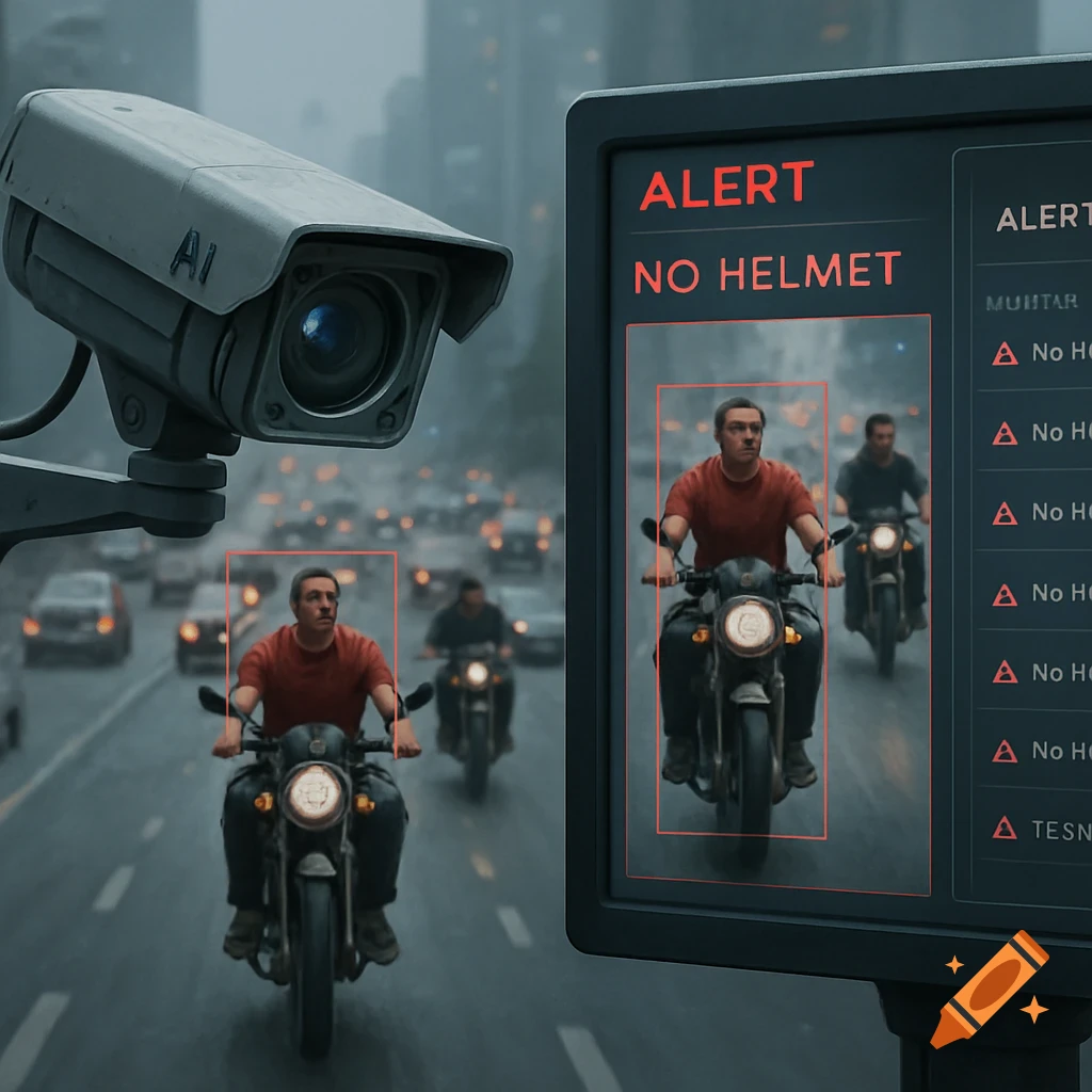 A security camera monitors a busy city street, displaying an alert for motorcyclists without helmets on a digital screen.