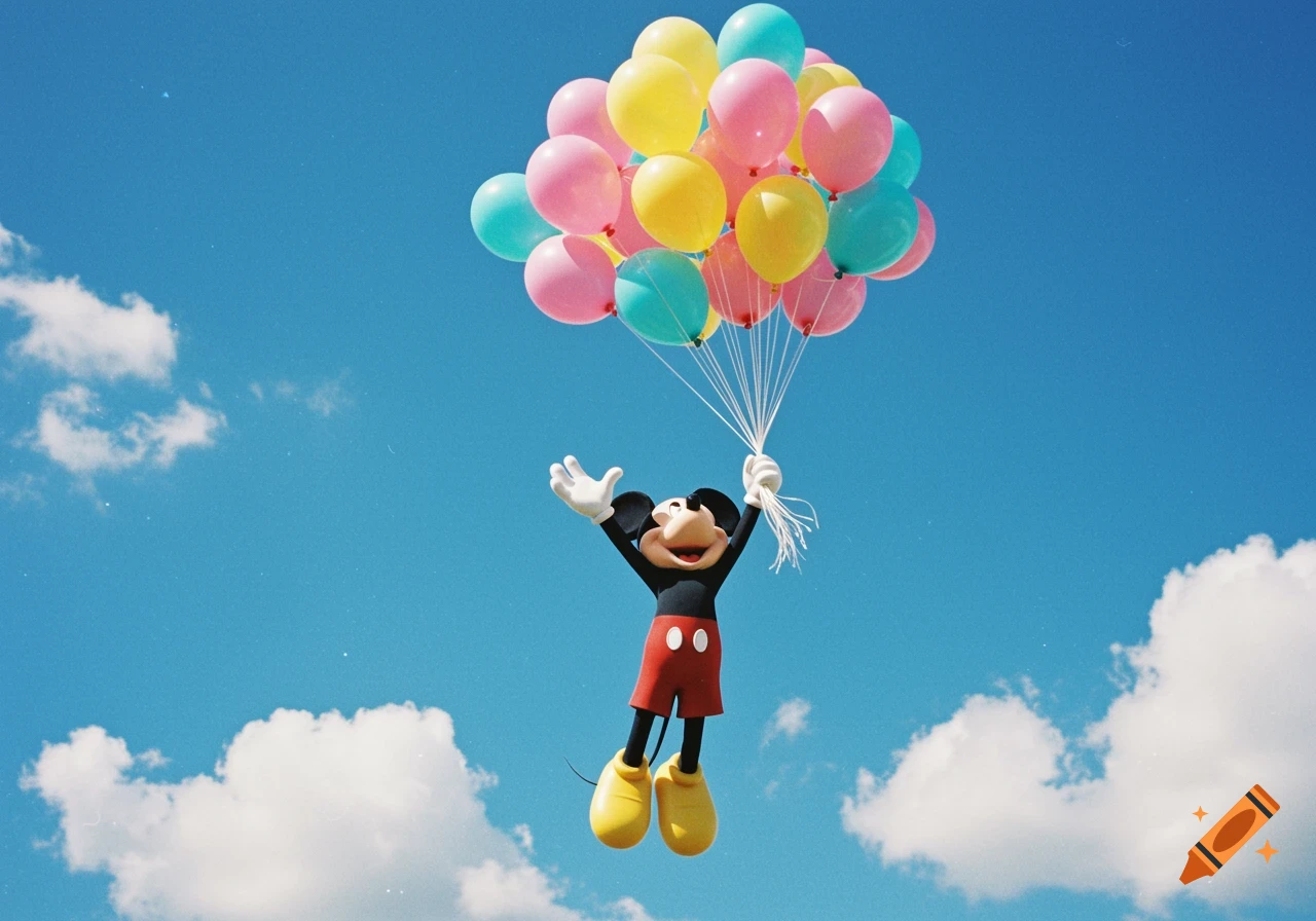 Mickey Mouse soars through a bright blue sky, joyfully holding a large bunch of colorful balloons.
