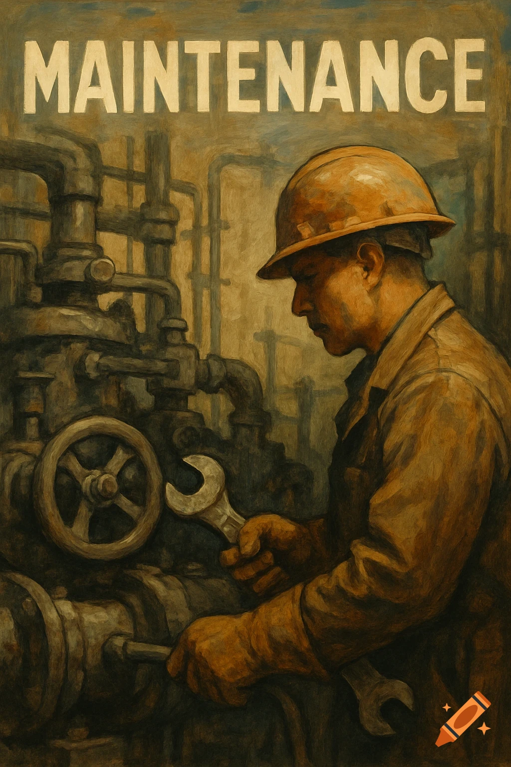 Vintage-style painting of a worker in a hard hat holding a wrench, standing in front of industrial machinery, with the word 'MAINTENANCE' at the top.