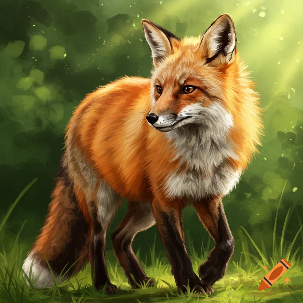A vibrant red fox stands alert in a sun-dappled green forest, in a painted style.